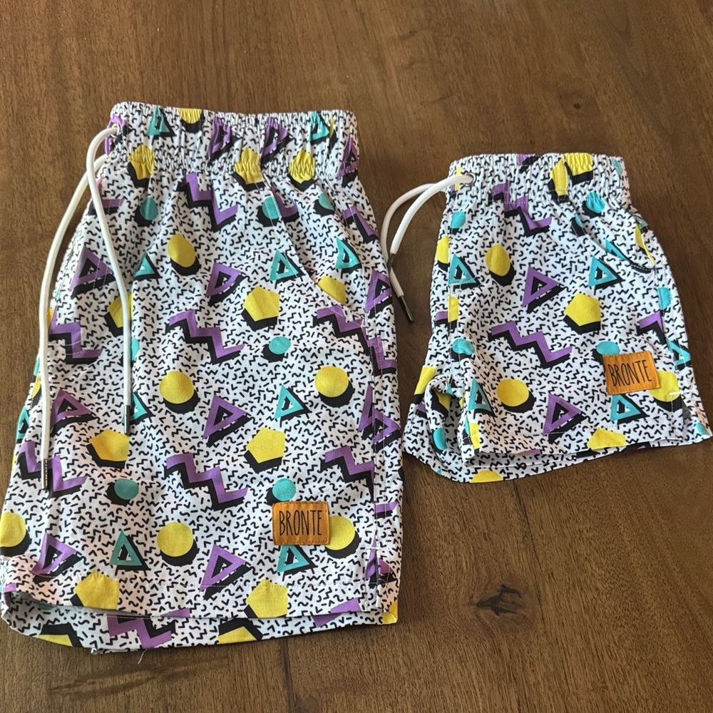 Bronte Swim Shorts Set in White with Yellow, Teal & Purple Geometric Print
